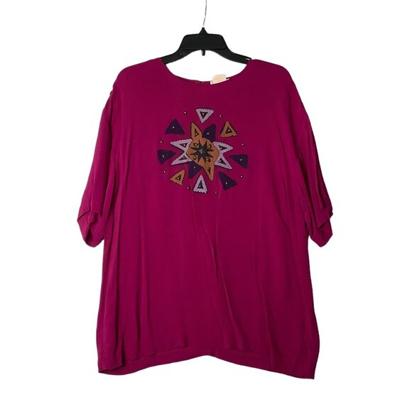 Vtg INFO Women Aztec Metallic Accents Blouse Top Magenta USA Made Cotton Blend - Picture 1 of 8